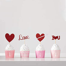 Load image into Gallery viewer, 24pcs Red Heart Cupcake topper Glitter Red Heart Cupake Toppers Picks Cake Topper Decoration for Sweet Love Theme Wedding Engagement,Valentine's Day Bridal Shower Party Cake Decors (24pcs Red heart)