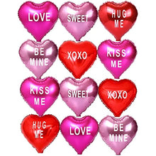 Load image into Gallery viewer, 12 pcs Heart Balloons,18" Foil Love Balloons Mylar Balloons, XOXO LOVE SWEET BE MINE heart balloons Valentines Day Decorations Balloons for Valentines Day,Propose Marriage,Wedding Party,Wedding Décor Anniversary Backdrop & Birthday Party Supplies (TEXT HE
