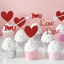 Load image into Gallery viewer, 24pcs Red Heart Cupcake topper Glitter Red Heart Cupake Toppers Picks Cake Topper Decoration for Sweet Love Theme Wedding Engagement,Valentine's Day Bridal Shower Party Cake Decors (24pcs Red heart)