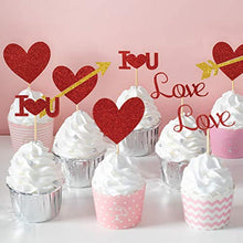 Load image into Gallery viewer, 24pcs Red Heart Cupcake topper Glitter Red Heart Cupake Toppers Picks Cake Topper Decoration for Sweet Love Theme Wedding Engagement,Valentine's Day Bridal Shower Party Cake Decors (24pcs Red Gold heart)