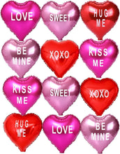 Load image into Gallery viewer, 12 pcs Heart Balloons,18" Foil Love Balloons Mylar Balloons, XOXO LOVE SWEET BE MINE heart balloons Valentines Day Decorations Balloons for Valentines Day,Propose Marriage,Wedding Party,Wedding Décor Anniversary Backdrop & Birthday Party Supplies (TEXT HE