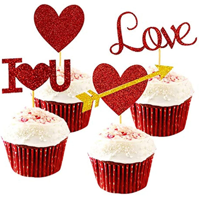 24pcs Red Heart Cupcake topper Glitter Red Heart Cupake Toppers Picks Cake Topper Decoration for Sweet Love Theme Wedding Engagement,Valentine's Day Bridal Shower Party Cake Decors (24pcs Red Gold heart)