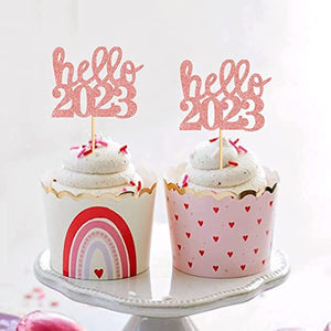 40 Pcs Glitter New Year Cupcake Toppers Happy 2023 Hello 2023 Gold&Rose Gold Cupcake topper Cheers to 2023 Cake Picks for New Years Eve Party Decoration (Hello 2023