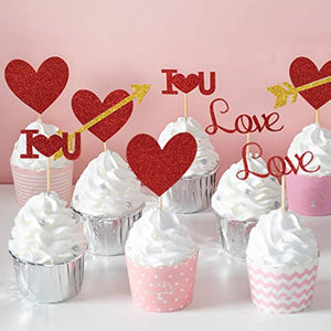 24pcs Red Heart Cupcake topper Glitter Red Heart Cupake Toppers Picks Cake Topper Decoration for Sweet Love Theme Wedding Engagement,Valentine's Day Bridal Shower Party Cake Decors (24pcs Red Gold heart)